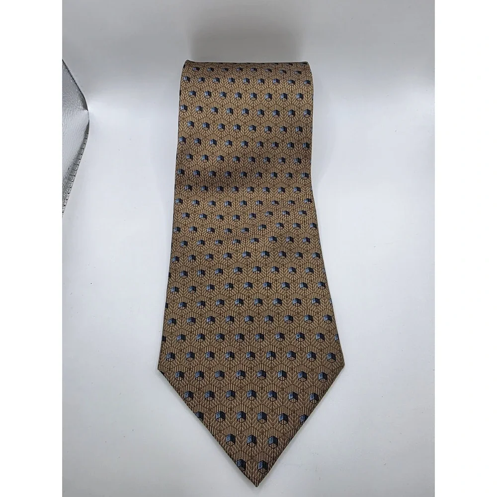 Nautica Mens Silk Tie Brown Blue‎ Geometric Pattern Formal Necktie